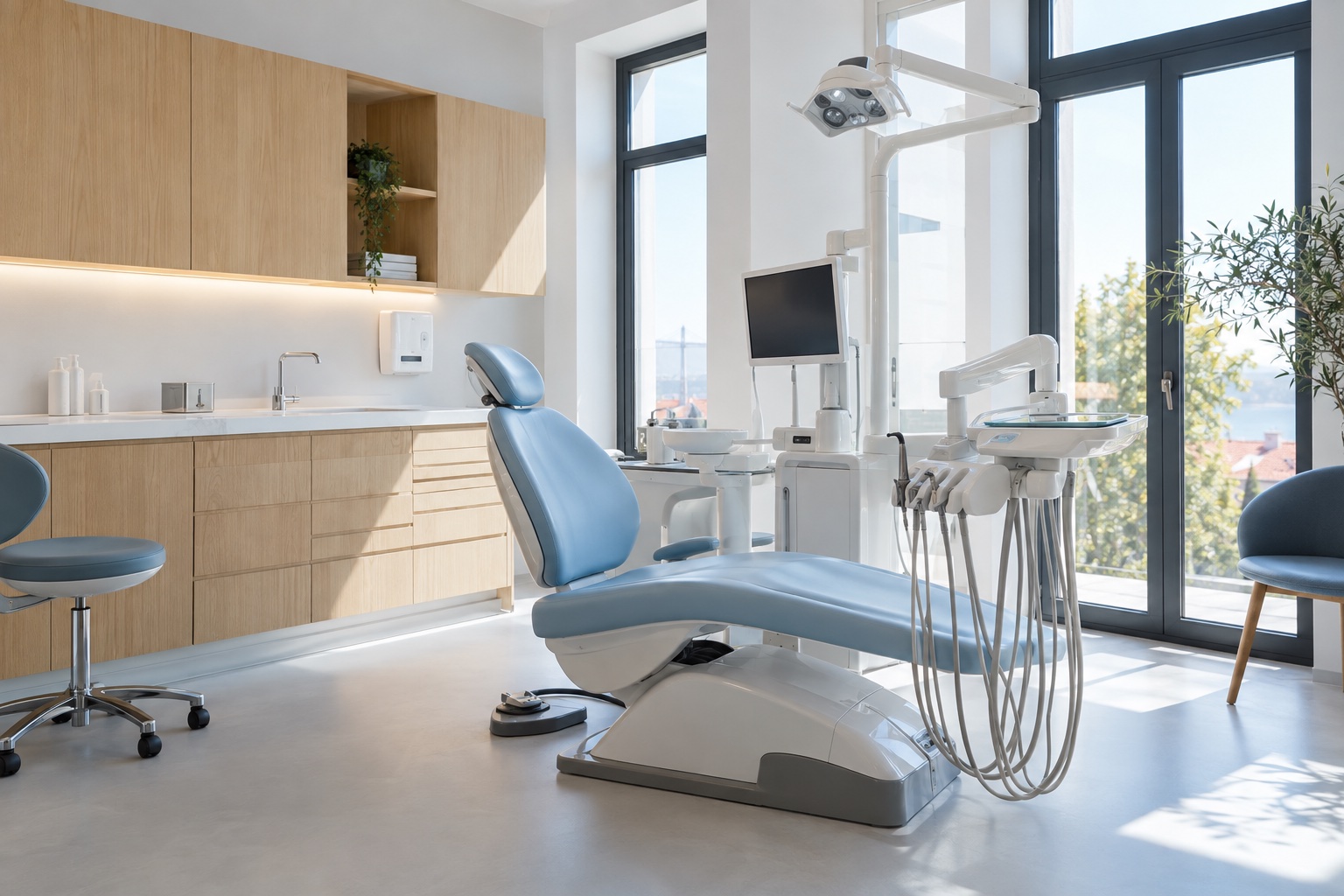 Image d'illustration d'un cabinet dentaire lumineux avec fauteuil bleu et mobilier en bois